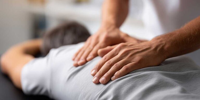 A person sits on a couch applying an ice pack to their lower back with a towel between skin and ice.